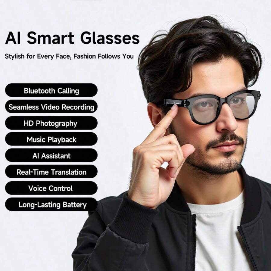 SENBONO New AI Photography Smart Glasses For Men, 2MP Camera, AI Voice, AI Photo Recognition, AI Translation, HD Photo/Video, Voice Assistant, Wireless Calling, Music Control; AI Photography Smart Glasses For Women, Compatible With Android, Ideal Gift For Birthday, Valentine's Day, Father's Day, Mother's Day - Black - View 1