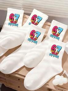 4 Pairs Random Color Black Crew Socks, Black Socks For Kids, Baseball Drip Number 67 Player Design, Back To School Running Athletic Sports Socks, Boys Girls Unisex Crew Socks For Children, Six Seven Ice Cream Drip Socks, Six Seven Valentines Day Gift - Multicolor - View 4