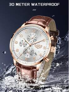 LIGE Men's Business Casual Watch Classic Three-Eye Clock Style Quartz Watch Waterproof Date Fashion Daily Wear, Gift Watch For Friends - Brown - View 8