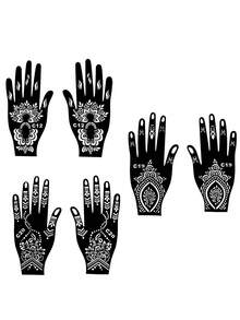 3对/6片装海娜临时纹身贴纸，蕾丝花卉图案，防水仿真纹身模板，适用于手部、脚部，男女通用 - 黑色 - 查看 11