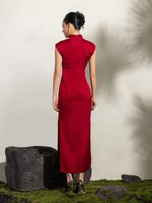 Women's Mandarin Collar Cheongsam Dress, Side Slit, All-Over Printed - Fitted Sleeveless Modern Mid-Length Cheongsam Dress, Suitable For Professional Business Occasions, Office Parties, Wedding Guest Attire, Cultural Celebrations And Elegant Daily Wear. - Red - View 3