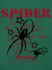 少女卡通蜘蛛印花圆领T恤 夏季休闲柔软上衣 - 墨綠色 - 查看 7