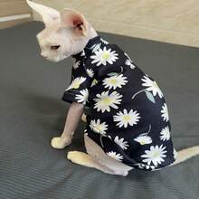 Sphynx Cat Clothes, Soft Fabric With Chrysanthemum Print - Black - View 8