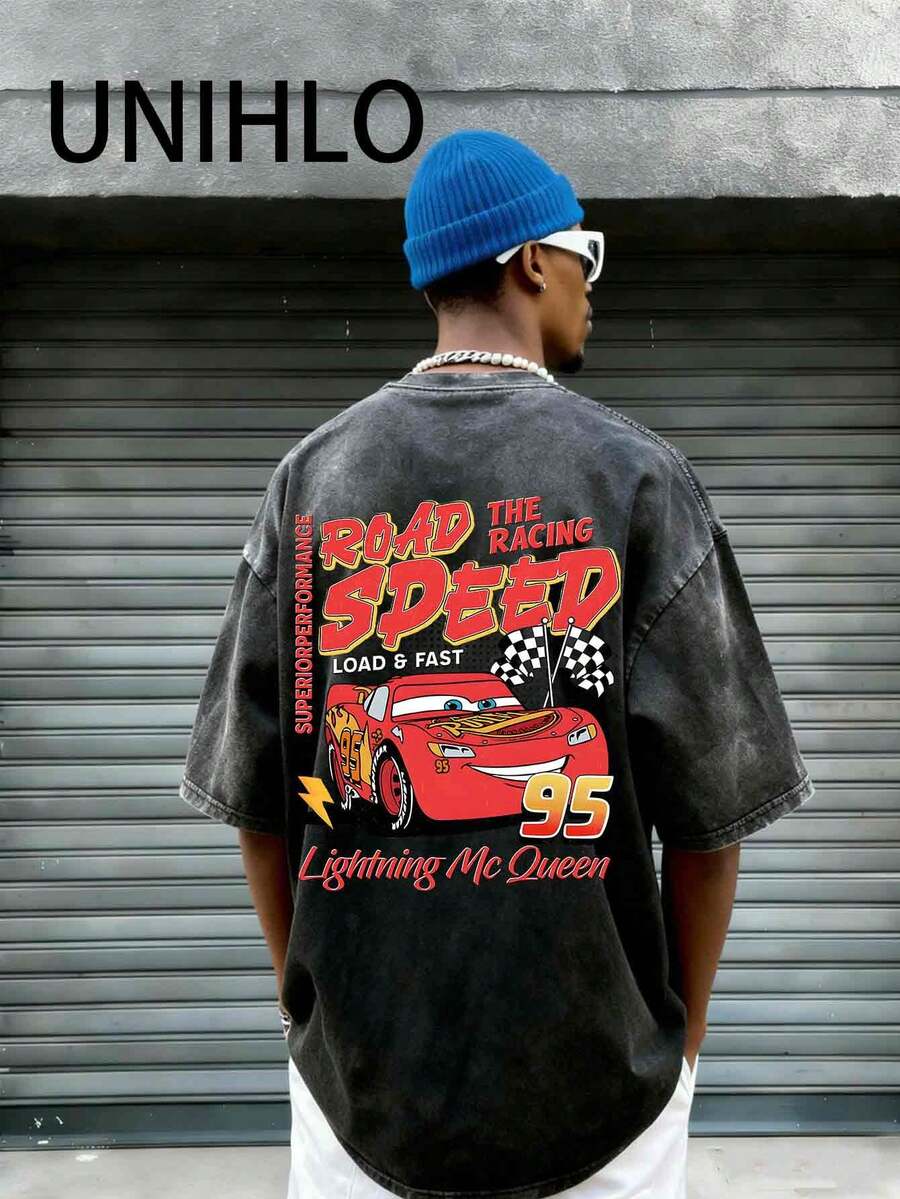 Disney UNIHLO   Lightning Mcqueen   Printed Summer Heavyweight Retro Washed Street Fashion Casual T-Shirt - màu đen - Xem 1