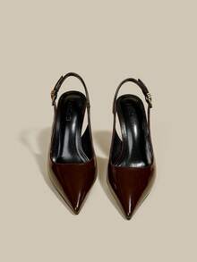 女士棕色漆皮尖头小猫跟浅口鞋，优雅正式时尚闭趾搭扣派对礼服鞋，带踝带 - 咖啡棕 - 查看 4