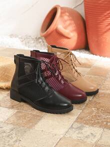 女士时尚黑色网面踝靴，厚底凉鞋，春夏新品，搭扣后拉链设计，波西米亚风系带镂空，圆头罗马凉鞋，适合休闲、度假、派对等场合，舒适大码，透气踝靴，中跟网面鞋 - 黑色 - 查看 11