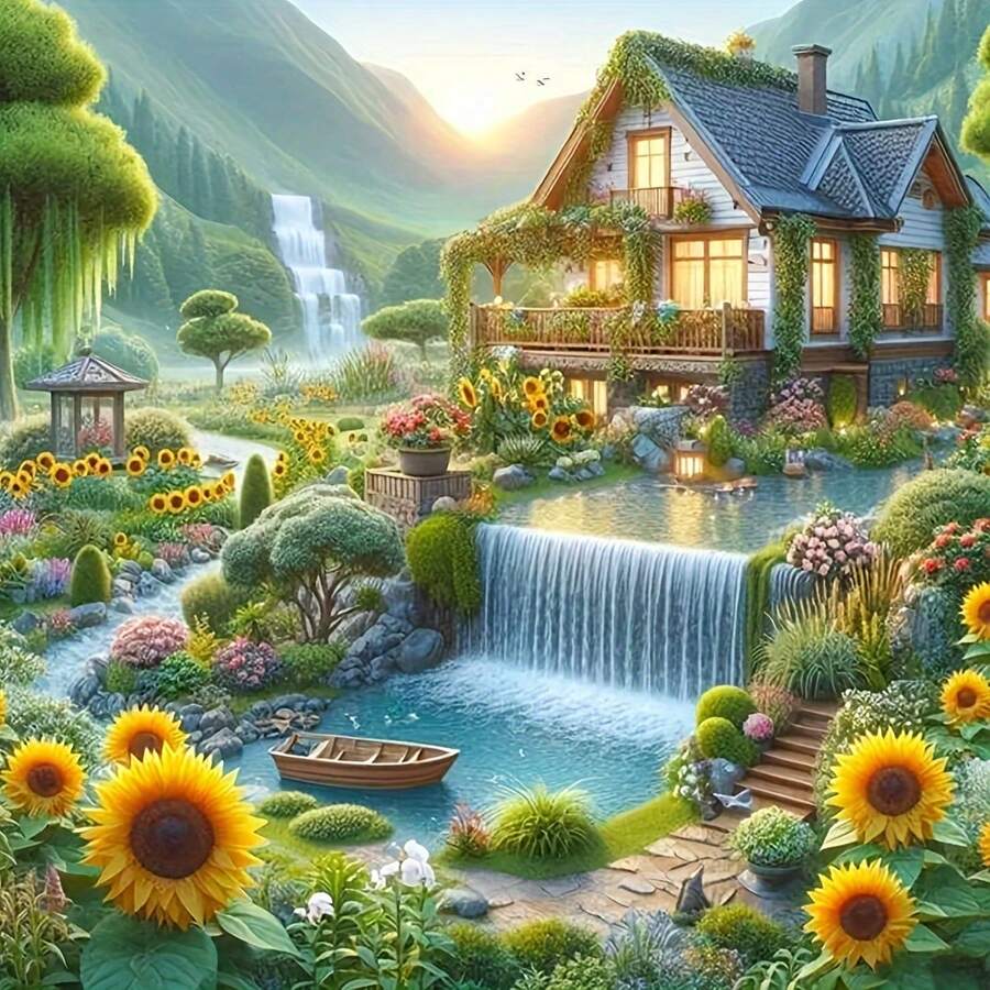 طقم رسم الماس 5D DIY، منظر ريفي لمنزل ريفي كامل التطريز، لوحة ماس دائرية، أكريليك PMMA، ديكور منزلي يدوي - متعدد الألوان - مشاهدة 1