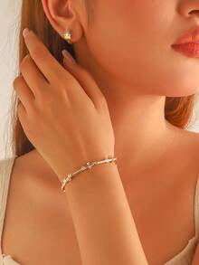 Women's Gold Cross Jewelry Set - Cubic Zirconia Bracelet And Hoop Earrings, Fashionable Faith-Inspired Everyday Accessories - Gold - View 3