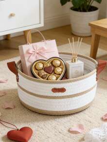 New Round Woven Storage Basket With Leather Handles, Ins Style Desktop Organizer Basket For Cosmetics, Toys, Suitable For Living Room, Bedroom, Versatile Storage Basket, Ideal For Valentine's Day Gift - Multicolor - View 4
