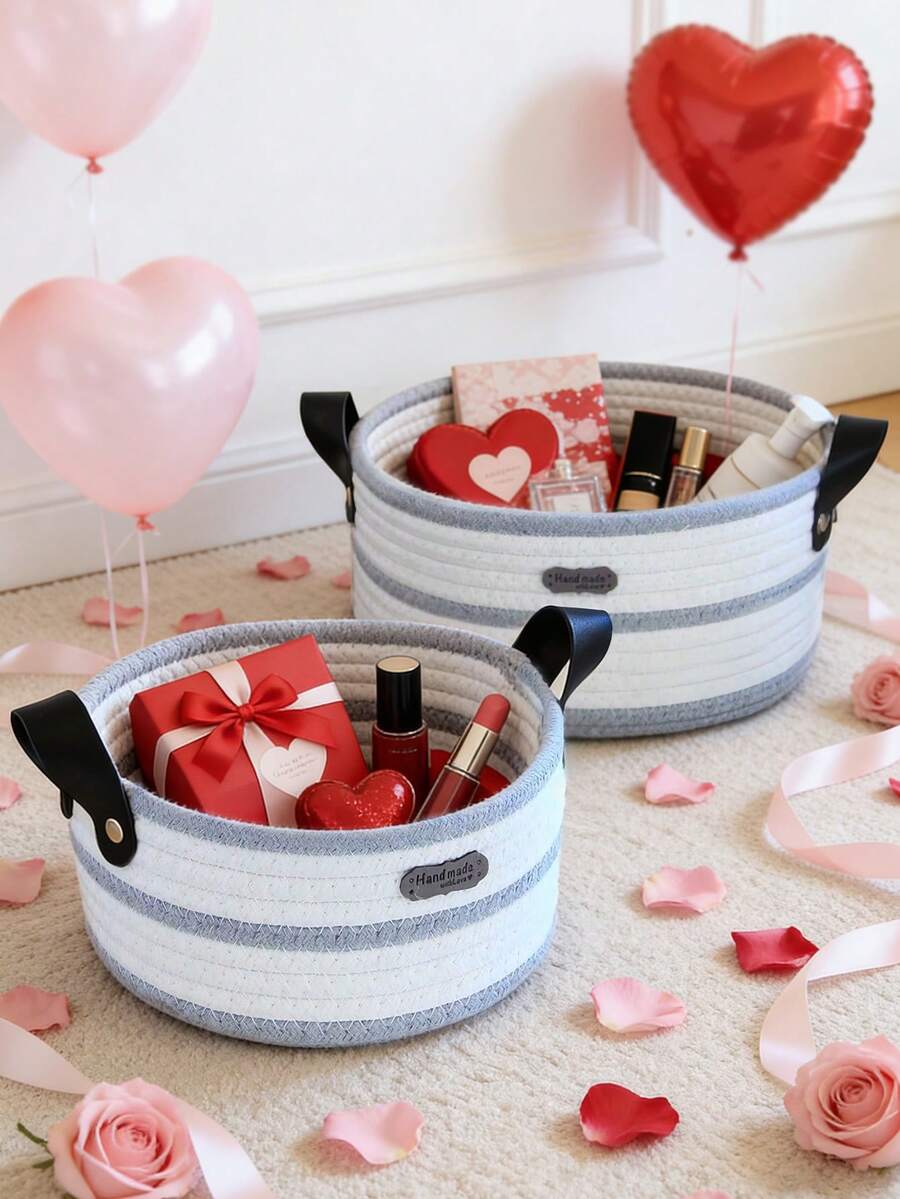 New Round Woven Storage Basket With Leather Handles, Ins Style Desktop Organizer Basket For Cosmetics, Toys, Suitable For Living Room, Bedroom, Versatile Storage Basket, Ideal For Valentine's Day Gift - Multicolor - View 1