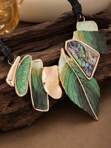 Cring Coco Women Asymmetric Green Leaf Abalone Shell Pendant Necklace, Black Wax Rope Adjustable Chunky Statement Bib Jewelry For Women Daily Party Vacation Gift - Green - View 7