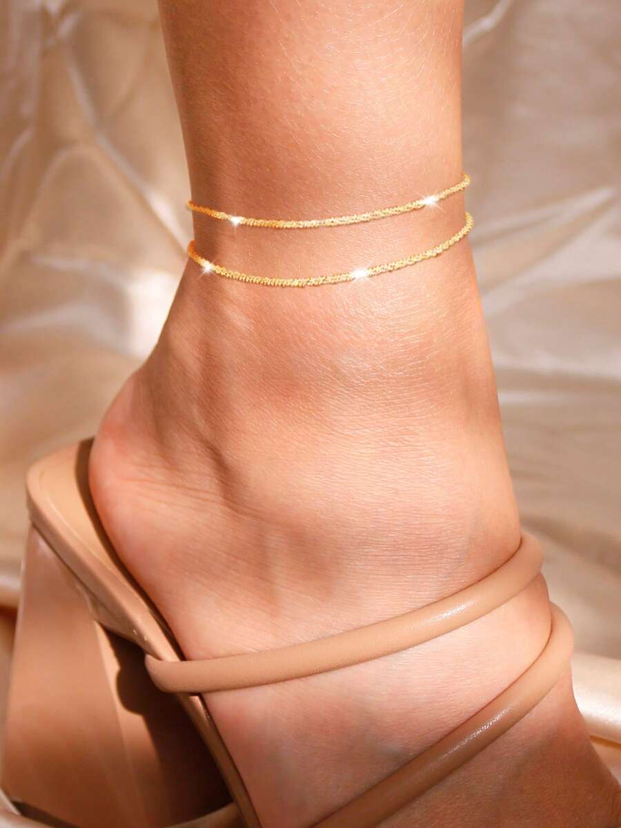 2件套双层简约金色闪亮链条脚链，女士配饰 - 金黃色 - 查看 1