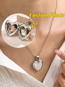 1件心形吊坠项链，带照片的心形吊坠项链，母亲节礼物，送给她的礼物，女士首饰，银项链，DIY首饰，女士首饰，复古金色心形吊坠项链，可打开吊坠，送给妈妈的礼物 - 白色 - 查看 1