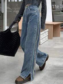Solid Slit Hem Wide Leg Jeans - Lavagem escura - Visão 1
