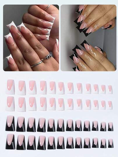 48pcs (2 Mixed Colors) DIY Glossy White & Black French Manicure Nail Stickers, Duck Mouth Shape Perfectly Fits Acrylic Fake Nails, Easy To Wear, Suitable For Women & Girls For Daily Work, Dance Party, Etc.