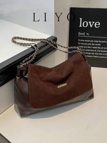 女士单肩包，时尚哑光PU皮革单肩包，带链条，腋下包 - 咖啡 - 查看 2