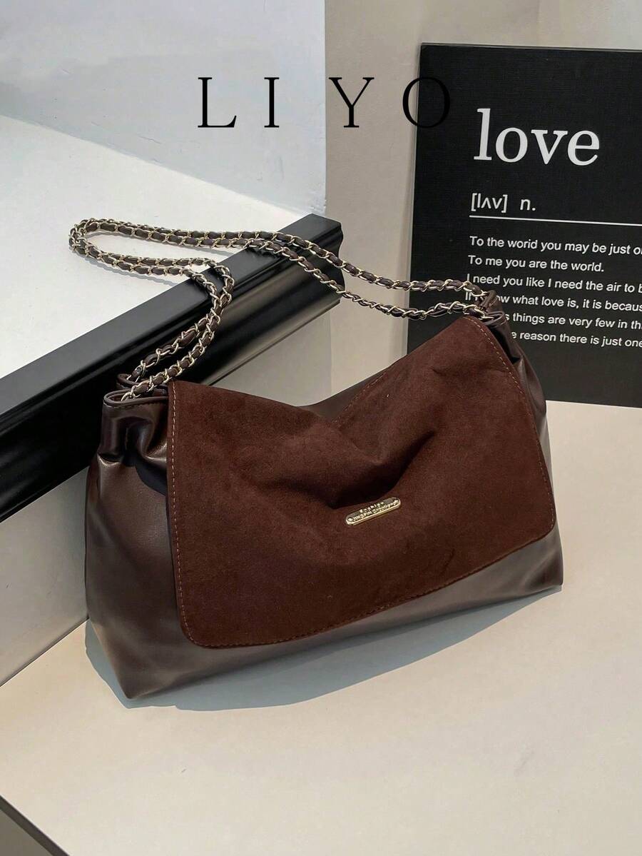 女士单肩包，时尚哑光PU皮革单肩包，带链条，腋下包