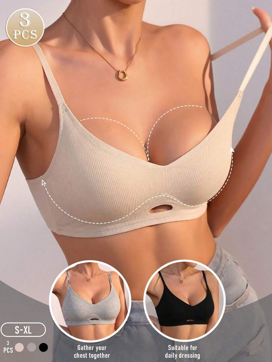 3pcs Women's Casual & Comfortable Bras, Minimalist Wireless Lift & Gather Bras, Skin-Friendly Breathable Fabric