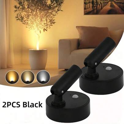 2PCS/SET 3-Color Temperature Wireless Spotlight, Adjustable Warm/Cool/Neutral White Light For Elegant Ambiance - Motion Sensor LED/Wall Light Strip, Efficient Sensor Light, USB Rechargeable, Auto On/Off, Warm White LED Bulb, Suitable For Corridor, Bedroom