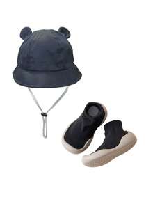 2Pcs Baby Bucket Hat & Silicone Anti-Slip Socks Set - 6-36M Unisex Cute Ears Drawstring Windproof Sun Protection Black Pink - Multicolor - View 12