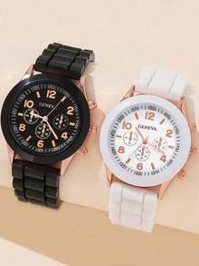 2pcs/Set Minimalist Casual Women's Quartz Watch, Fashion Gold Accessory Set (Includes Black & White Rubber Strap And Rose Gold Decorated Chronograph Dial Quartz Watch), Featuring Black & White Rubber Strap, Rose Gold Decorated Details And Chronograph Dial. Minimalist And Versatile Style Suitable For Various Outfits. - Multicolor - View 2