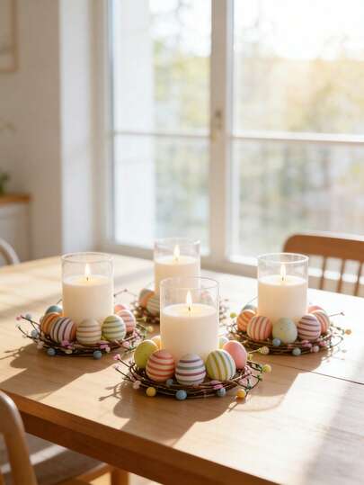 1Pc Versatile Pastel Easter Egg Candle Holder With Hurricane, Easter Egg Candle Holder Centerpiece And Pastel Artificial Berry Wreath, Spring Theme Party Table Centerpiece, Whimsical Berry Wreath Ornament For Shower And Wedding Decor For Dining Table Party Decorations Home Decor Ornaments