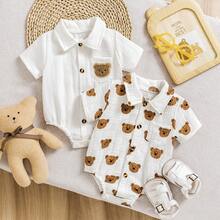 3件套夏季新款男婴POLO领胸袋小熊格子印花短袖连体衣套装 - 彩色 - 查看 1