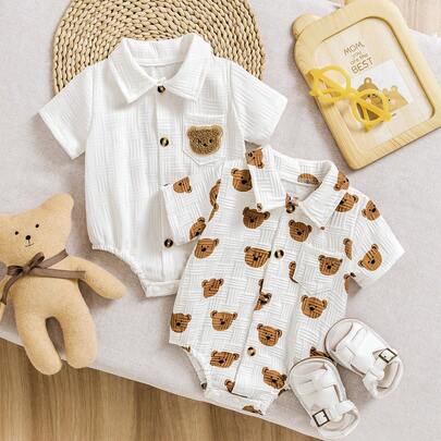 3件套夏季新款男婴POLO领胸袋小熊格子印花短袖连体衣套装