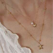 2件套沙滩风海星贝壳珍珠项链套装，波西米亚风饰品，适合度假和夏季穿搭，精致叠戴项链，沙滩配饰