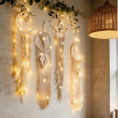 斋月节装饰 - 月亮星星LED串灯，手工波西米亚蕾丝捕梦网墙饰，送给妈妈、朋友、女性、女朋友的礼物，墙面装饰，卧室，房间，婚礼，家居装饰灯