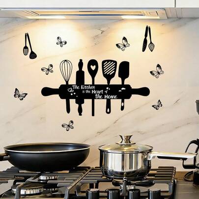 1/3pcs Self-Adhesive Kitchen Decor Wallpaper, Kitchenware Pattern Vinyl Sticker, Inspirational Quote Wall Decal, Suitable For Home Kitchen, Cafe And Restaurant