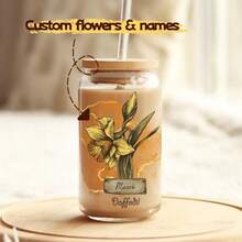 1pc 550ml/18.7oz Personalized Birthday Flower Glass Cup, Custom Glass Coffee Mug, Unique Customized Gift For Any Occasion, Birthday Flower Gift, Bridesmaid Gift, Travel Mug, Personalized Cup Water Bottle Gift, Wedding Essential, Home Decor, Souvenir, Suitable For Mom, Wife, Friend, Christmas, Valentine's Day, Mother's Day - Transparent - View 1