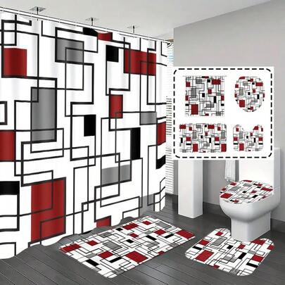 【热门之选】1件/4件套浴室浴帘套装，几何图案浴室装饰，简约风格，含12个挂钩