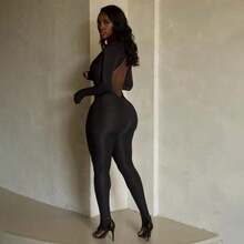 Women's Fashion Sexy Backless Deep V Long-Sleeved Solid Color Tight Jumpsuit - 黑色 - 查看 4