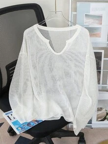 女士镂空针织罩衫，宽松轻薄透气毛衣上衣，竖条纹V领设计，夏季外套 - 杏色 - 查看 5