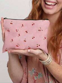 轻便樱桃蝴蝶结化妆包 - 时尚樱桃蝴蝶结印花化妆包，轻便拉链化妆袋，旅行洗漱收纳包，多功能洗漱包，无香型，男女通用，不防水，化妆品收纳袋，迷你化妆包，旅行化妆箱，化妆刷收纳袋 - 彩色 - 查看 4