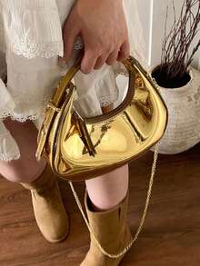 2026 Spring New Arrival Women Bag,Glossy Moon Box Mini Handbag, Crescent Moon Bag, Elegant For Lady,Chic Laser Gold Chain Shoulder/Crossbody Bag,Foldable Candy Color Fashion PU Leather Underarm Bag, Women's Cute Casual Versatile Handbag & Purse  Lipstick/Earbud Holder Case, Versatile Shoulder Bag, Solid Color Minimalist Zipper Shoulder Bag, Fashionable, Zipper Shoulder Bag, Faux Leather Solid Color Wallet, Versatile For Work/Commute, Winter Summer Autumn Spring,Ideal New Year Gift, Small Bag, Suitable For Women Commuting Daily Use. - Vàng - Xem 5