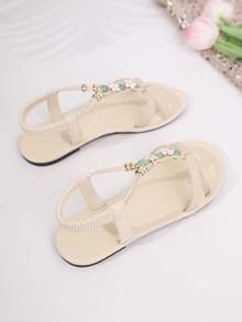 1 Pair Unisex Slip-On Sandals With Beaded Elastic Band, Bohemian Style PU Non-Slip Casual Shoes For Indoor, Outdoor, Beach, Travel, Campus, Suitable As Gift, 2026 New Arrival - Apricot - View 4