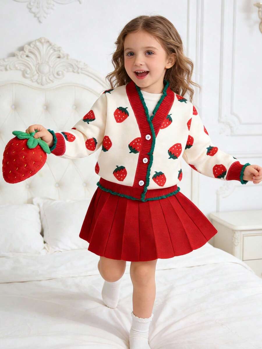 2pcs/Set Young Girl Cute Elegant Sweet Preppy Strawberry Printed V-Neck Long Sleeve Warm Knit Cardigan And Pleated Skirt Set, Autumn Winter, For Christmas