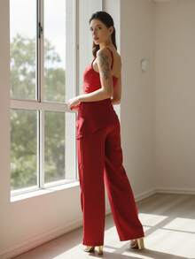 WUUW FASHION Women's Tailored Asymmetrical Top Set, Irregular Crop Top And Trousers, Stylish Summer Casual Outfit 2025 NEW - Đỏ - Xem 3