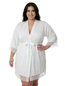 Women's Plus Size Robe In Romantic With Lace Detail And Satin Bow Luxury Comfortable White - White - View 1