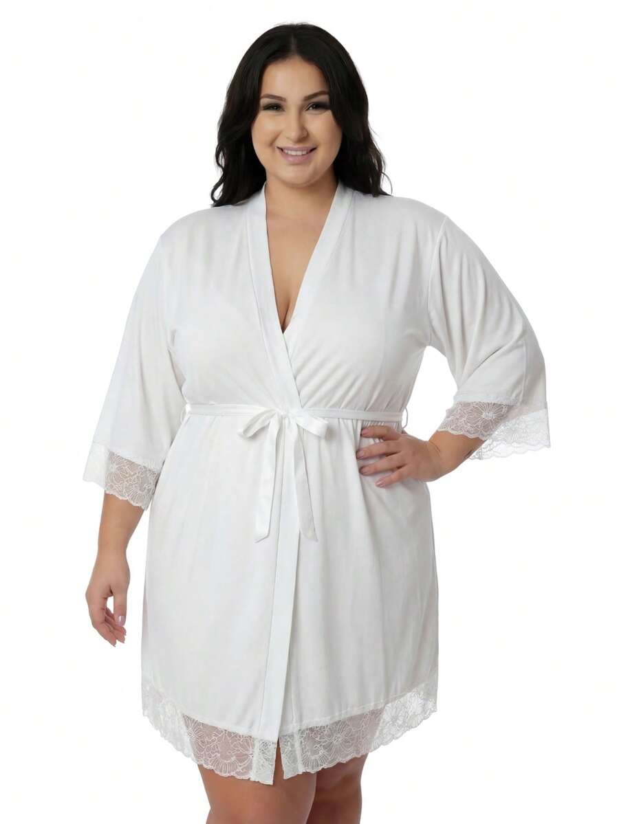 Women's Plus Size Robe In Romantic With Lace Detail And Satin Bow Luxury Comfortable White - White - View 1