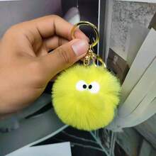 Neon Green Faux Fur Pom Pom Keychain With Googly Eyes For Bag Decoration Soft And Cute Accessory For Keys Or Backpack - As Pic - View 2