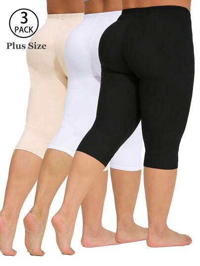 3-Pack Women Plus Size Black Leggings, Versatile Casual Elastic Comfortable Tights, White Skinny Pants For Home, Yoga, Outdoor, Exercise, 7/8 Length