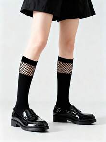 2 Pairs Women's Black Fishnet Knee High Socks, Thin Hollow Lace Lolita Style Long Socks, Summer - Black - View 7