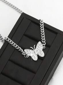 1件复古百搭优雅宫廷风田园简约低饱和度蝴蝶吊坠项链 - 銀色 - 查看 4