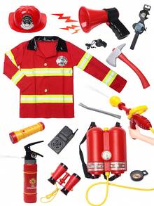 Children's Firefighter Role-Playing Set Includes Realistic Firefighting Gear Accessories: 1:1 Scale Fire Helmet + Exclusive Badge, Backpack-Style Fire Hose, Water Mist Extinguisher, Backpack-Style Water Gun With Adjustable Straps And Flow Control, Simulated Axe With Rounded Edges, Flashlight, Megaphone, And Wristwatch. - Multicolor - View 4