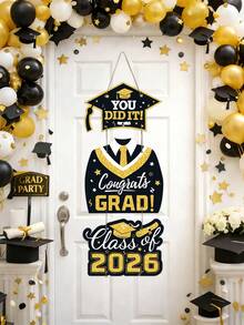 2026 Black Graduation Decorations Door Signs Congrats Grad Class Of 2026, Graduation Wreath Hanging Signs Photo Booth Prop For Senior Party - Black - View 1