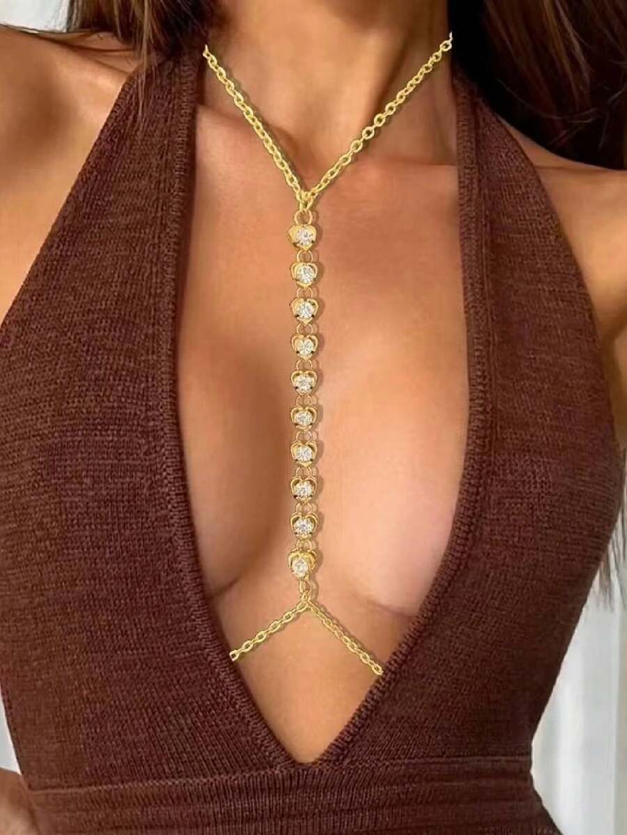 1pc Minimalist Hollow Heart Criss-Cross Chest Chain Accessory, Fashion Personalized Arrow Heart Body Chain - Gold - View 1