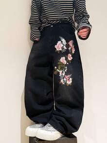 Justice Brother 1pc Korean Style Personalized 3D Embroidered Men's Black Denim Wide Leg Pants, Fashionable All-Season Versatile Casual Comfortable Long Trousers (Belt/Accessories Not Included) - Black - View 1